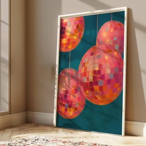 Bolas de discoteca rosa vibrantes: arte digital de pared para fiestas retro (relación 2:3)