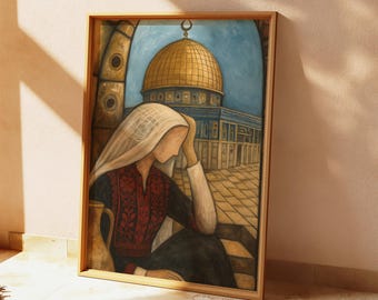 Palestinian Woman Wall Art | Dome of the Rock | Red & Black Tatreez | Jerusalem-Inspired Painting