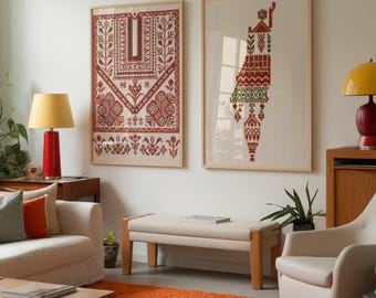 Palestinian Art Prints: Tatreez Map & Floral Design (Digital Download)