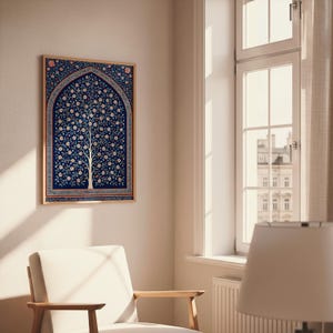 Lámina artística mogol del Árbol de la Vida: Arco floral azul, decoración islámica para el hogar (descarga digital).
