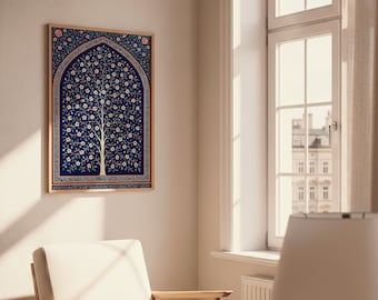 Tree of Life Mughal Art Print: Blue Floral Arch, Islamic Home Decor (Digital Download)