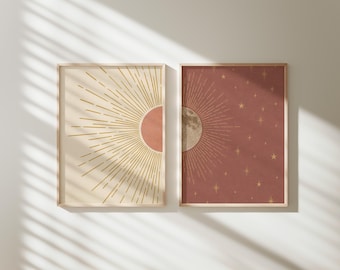 Sun Moon Wall Art Set, Vintage Blush Boho Prints, Antique Gold Accents