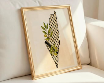 Palestine Map Watercolor Art Print, Keffiyeh And Olive Branch Digital Download