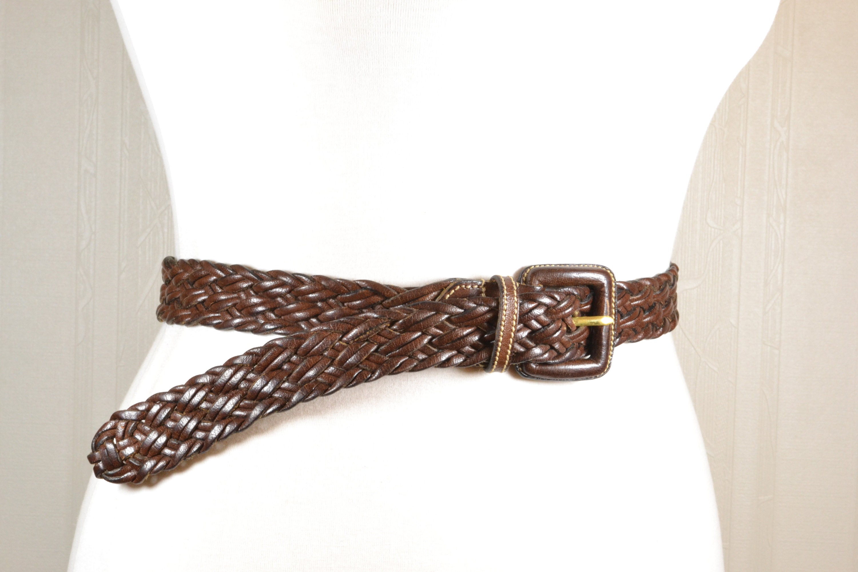 Italian Leather Belt Unique Vintage Boho Women’s Wide Brown Chain Braided 38”x3” Vintage Boho Bohemian Braided Brown Leather Belt With  main image 2