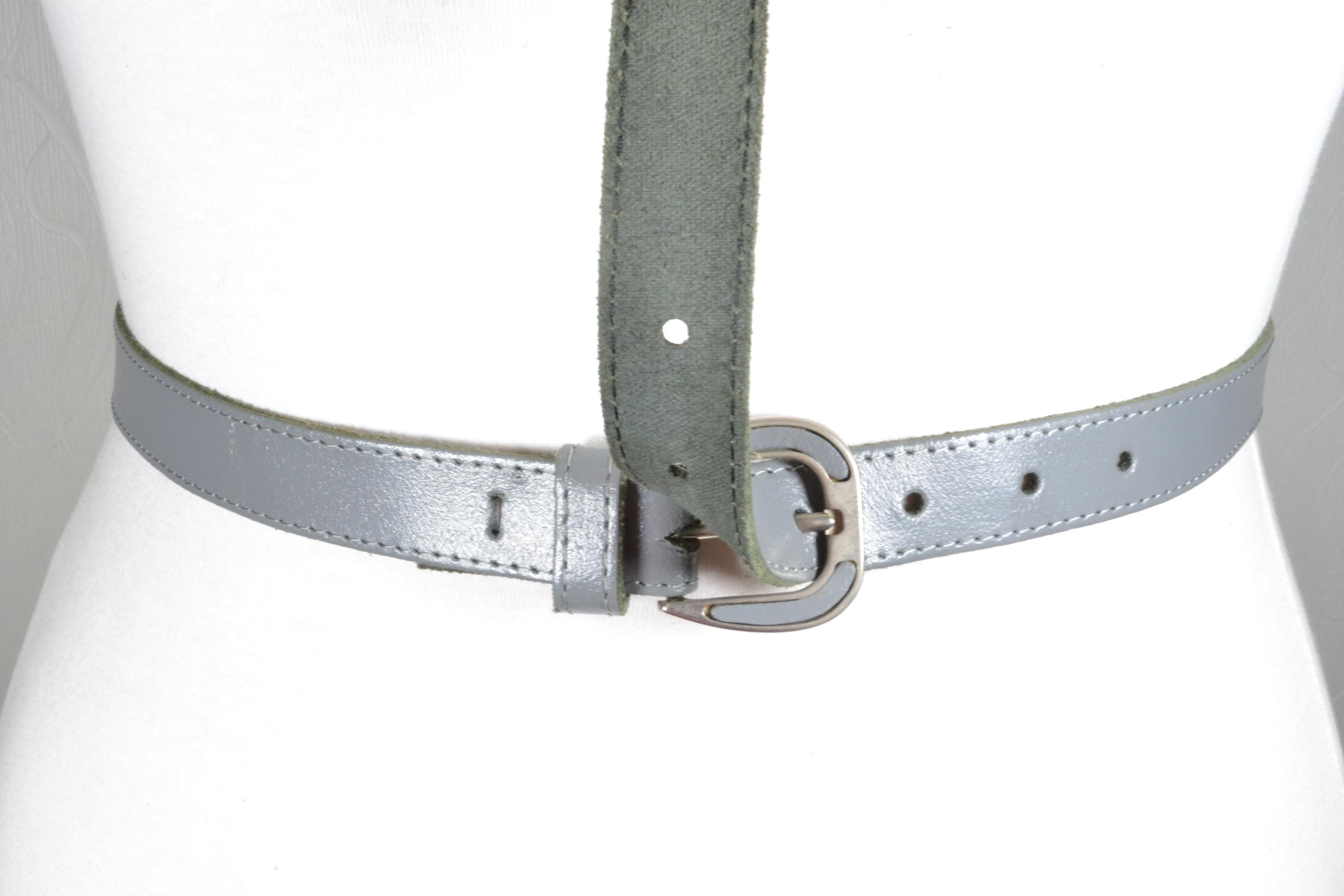 Vintage Leather Gray Skinny Belt with Dimpled Silver Metal Clasp Skinny Karung Belt with Long Gold Buckle - w.kleinberg main image 2