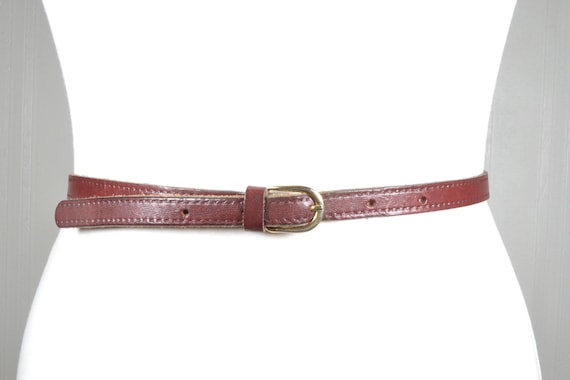 Skinny Burgundy Leather Belt for Women, Minimal Thin Waist Belt with Small Gold Buckle, Vintage Red Wine Dress Belt, Classic Slim Belt