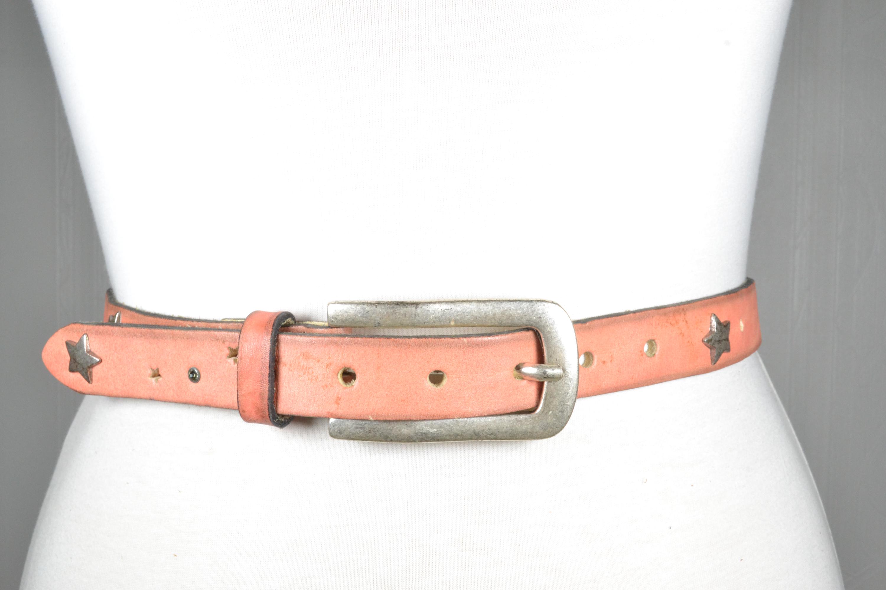 Vintage Pink Leather Belt With Stars and Antique Metal 