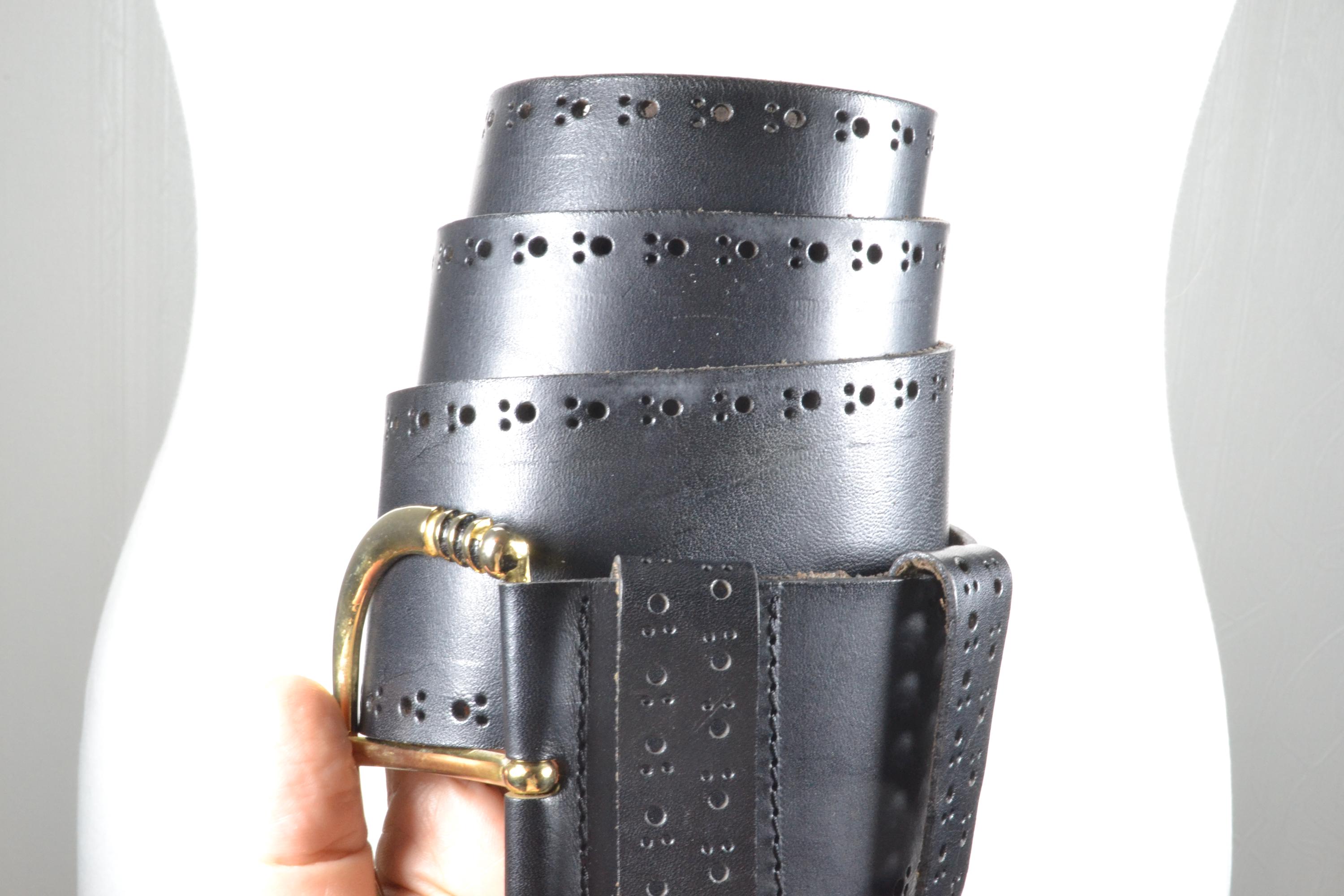 Vintage Wide Black Leather Belt: Perforated Western Design  display picture 1