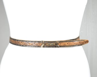 Vintage Skinny Brown Leather Belt with Gold Buckle, Happy Buckle
