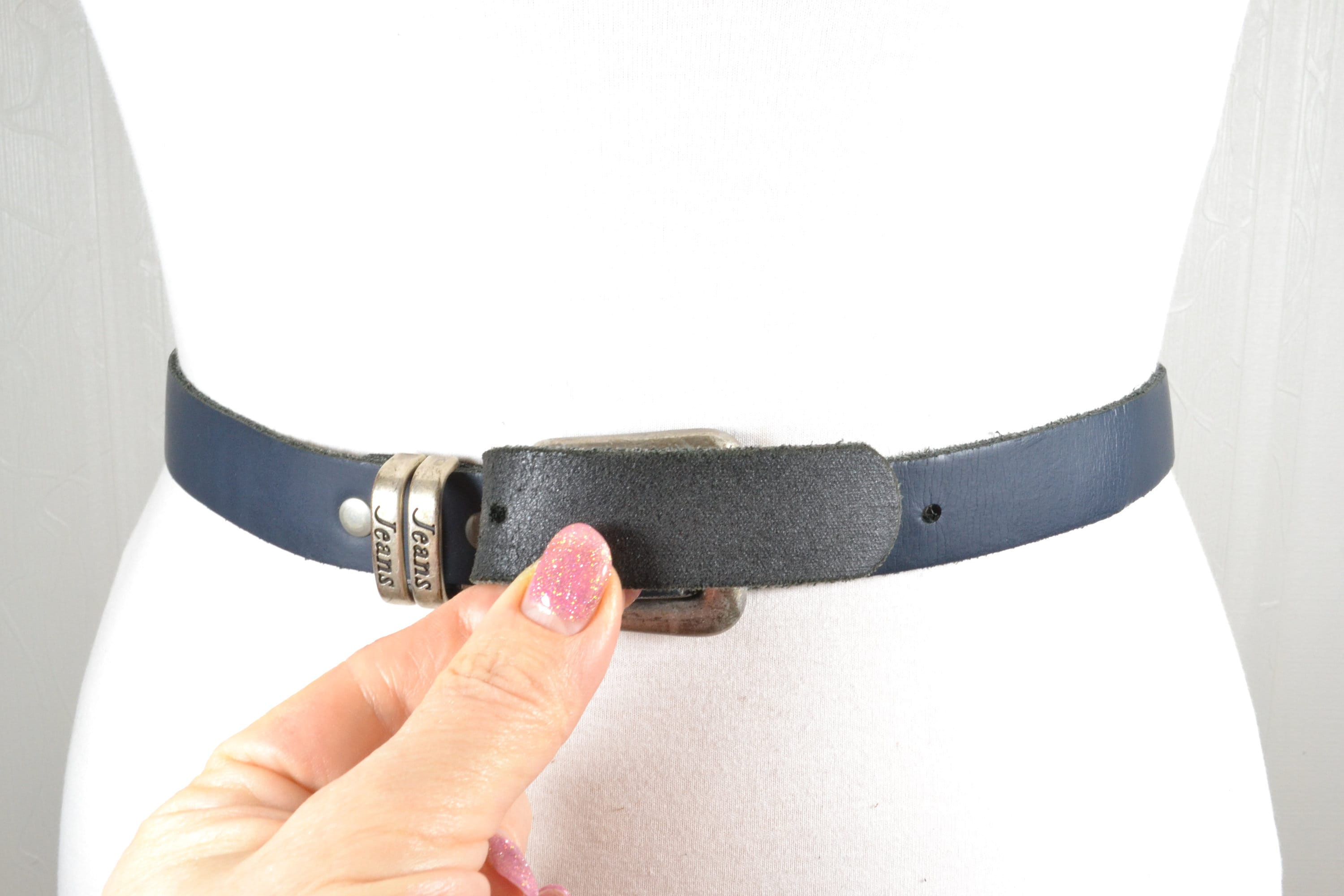 Skinny Navy Blue Leather Belt: Minimalist Silver Buckle 