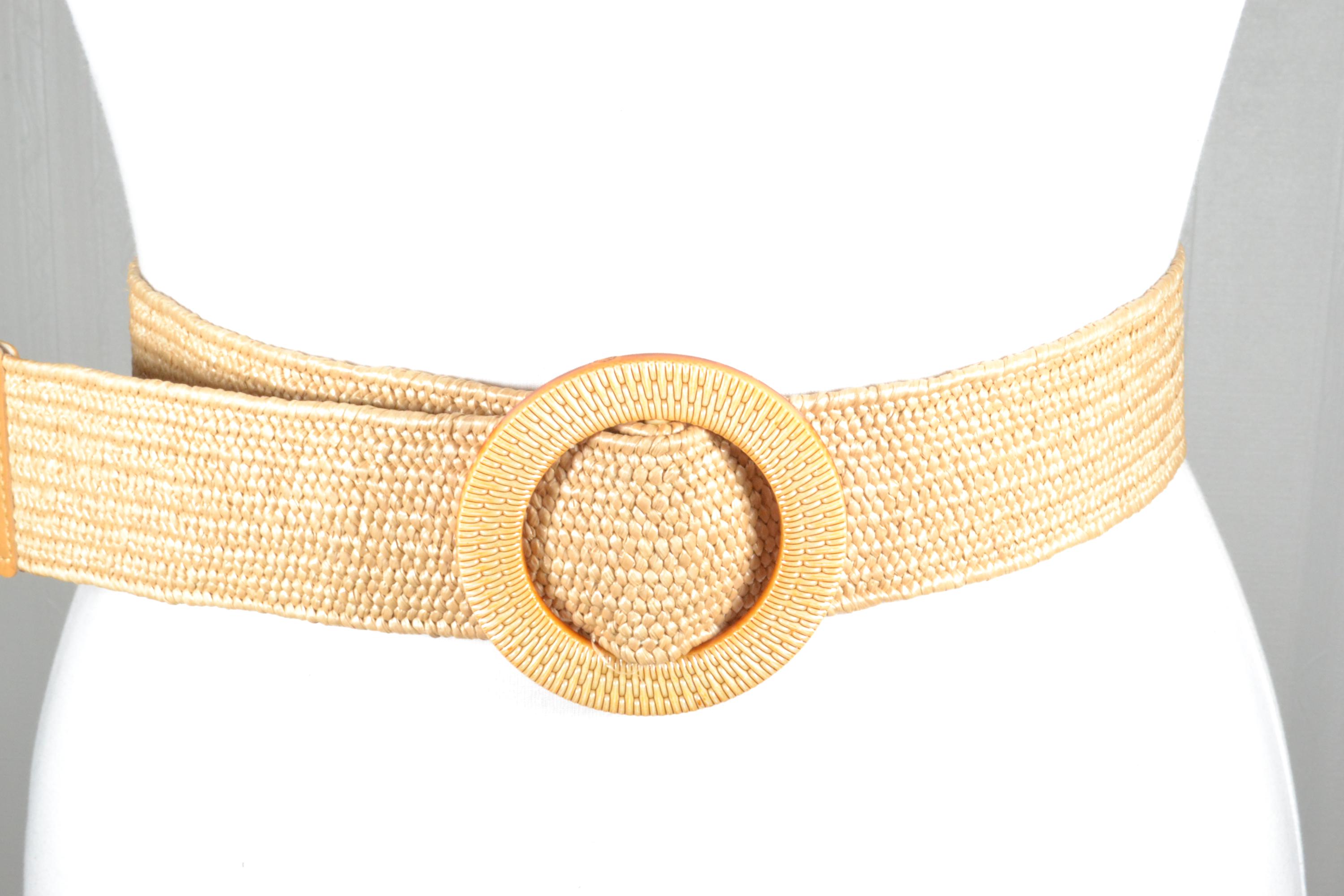 Beige Braided Round Buckle Women’s Waist Belt CBGELRT Women Belt Vintage Wide Braided Straw Woven Waist  main image 3