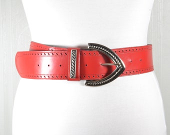 Wide Red Leather Belt: Vintage Silver Buckle, Size 36