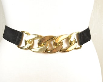 Black Elastic Belt with Big Gold Chain Buckle