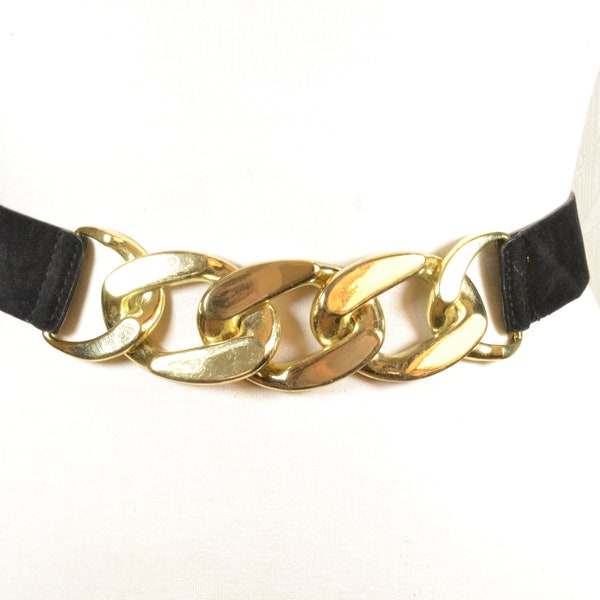 Black Elastic Belt with Big Gold Chain Buckle