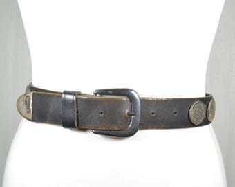 CARLISLE Vintage Leather Black Belt Adjustable Silver and  display picture 1
