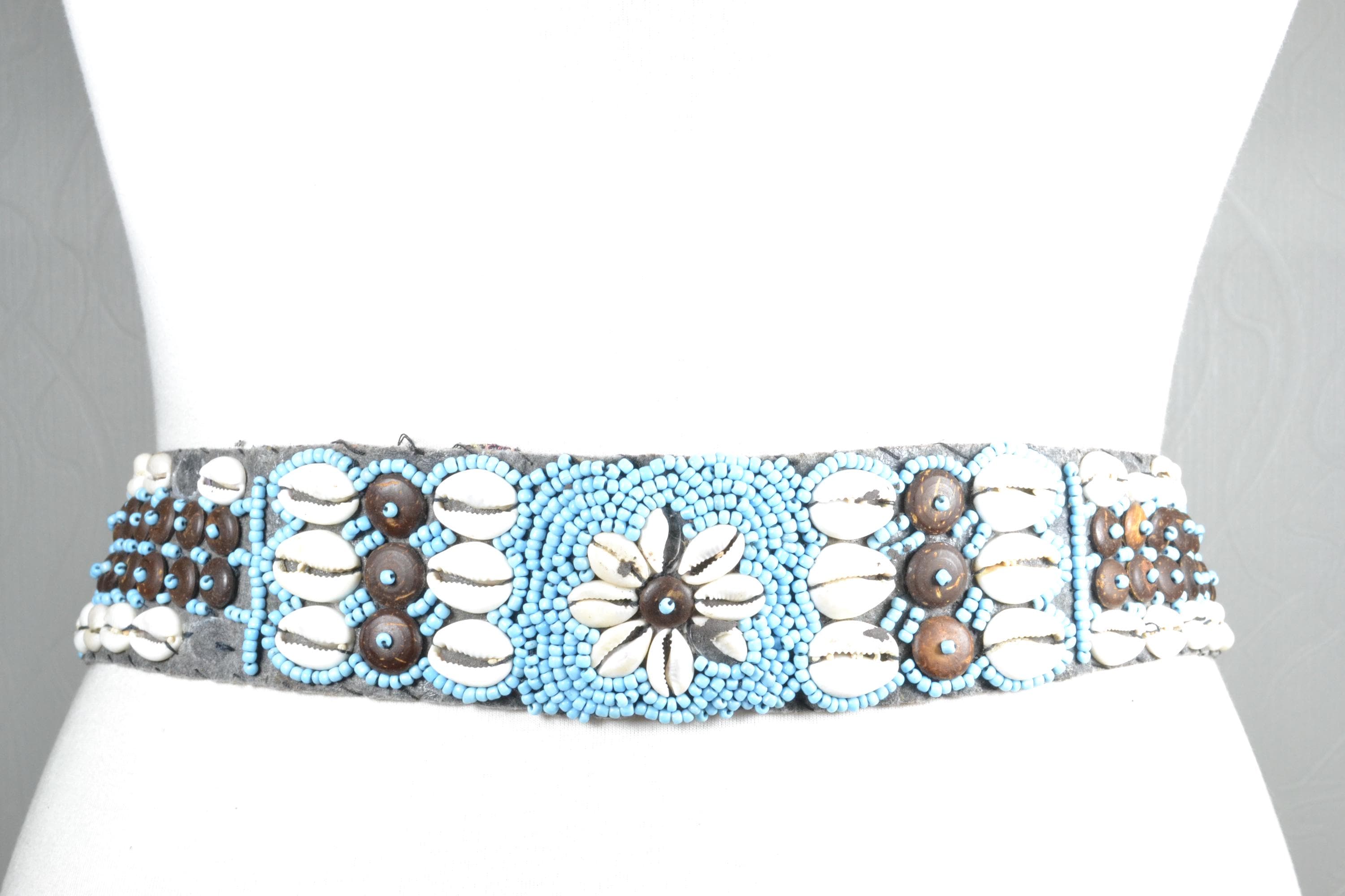 Y2K Beaded Shell Tie Belt ✧ Cottagecore Prairie Boho Waist Belt Vintage African Beaded Tie Waist Belt in Turquoise Seed  main image 2