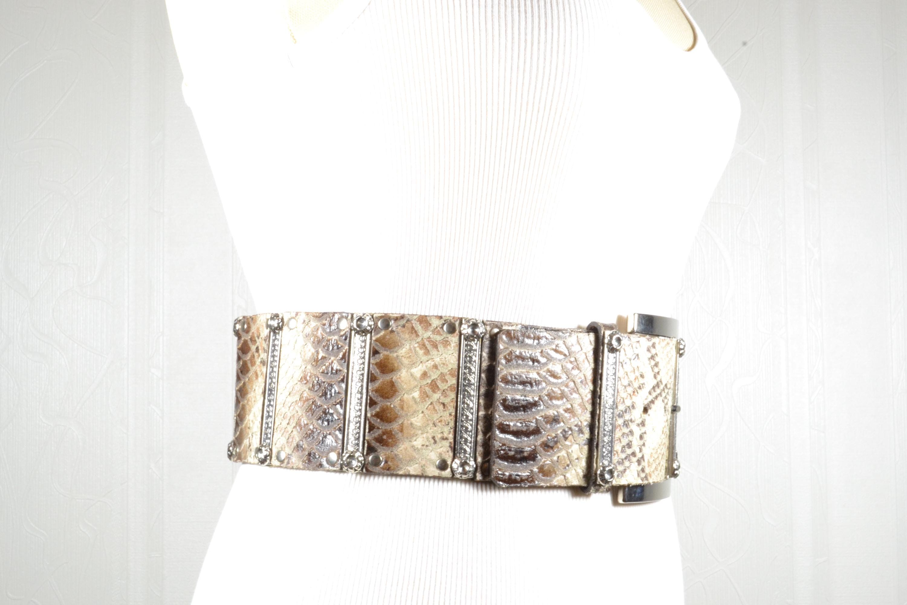 Vintage Snakeskin Leather Belt: Wide Silver Accents, 1980s  display picture 1