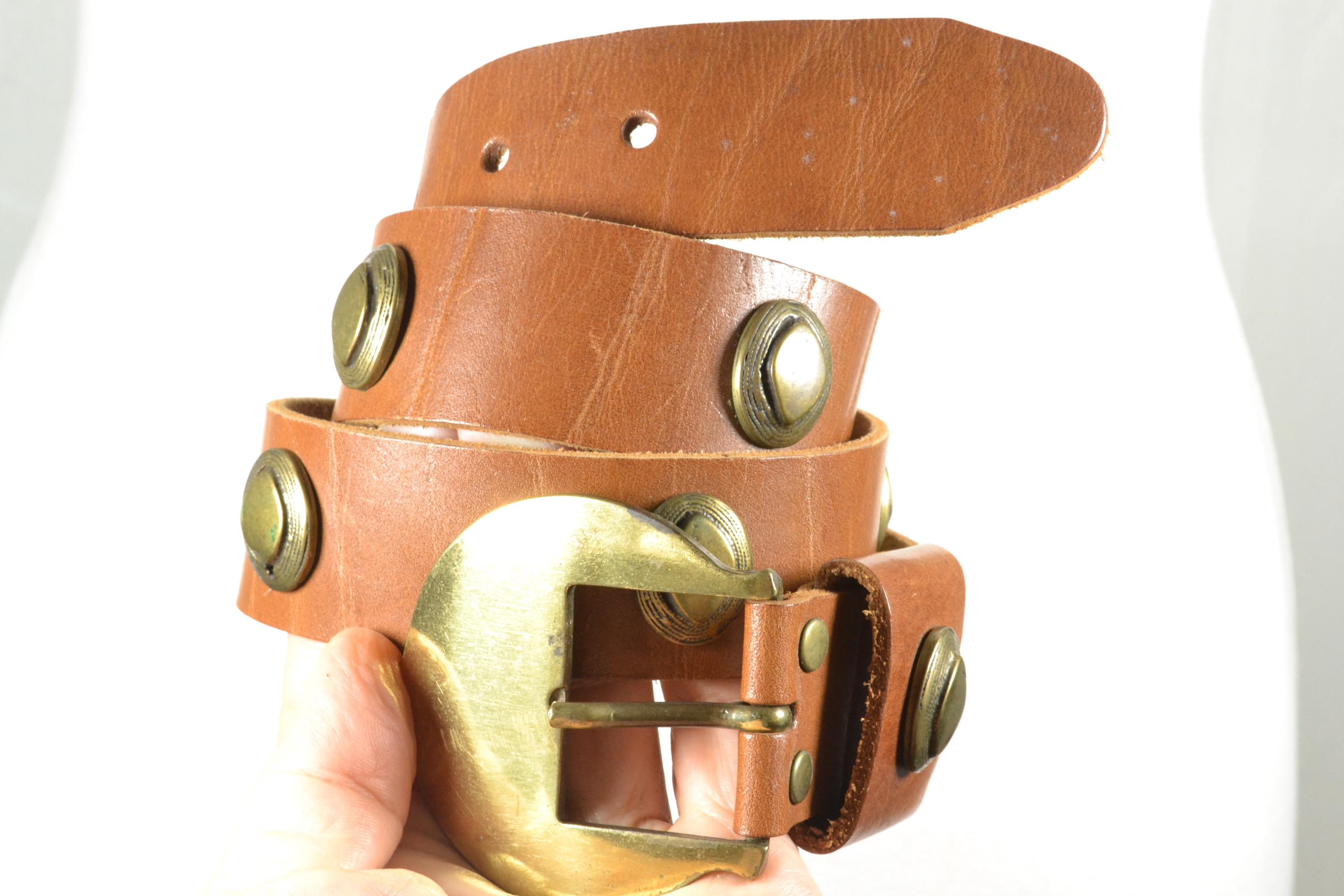 Boho Western Brown Leather Belt With Large Brass Oval Buckle 