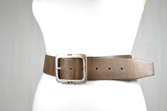 Wide Brown Leather Belt: Rectangular Buckle, Mini… - image 2