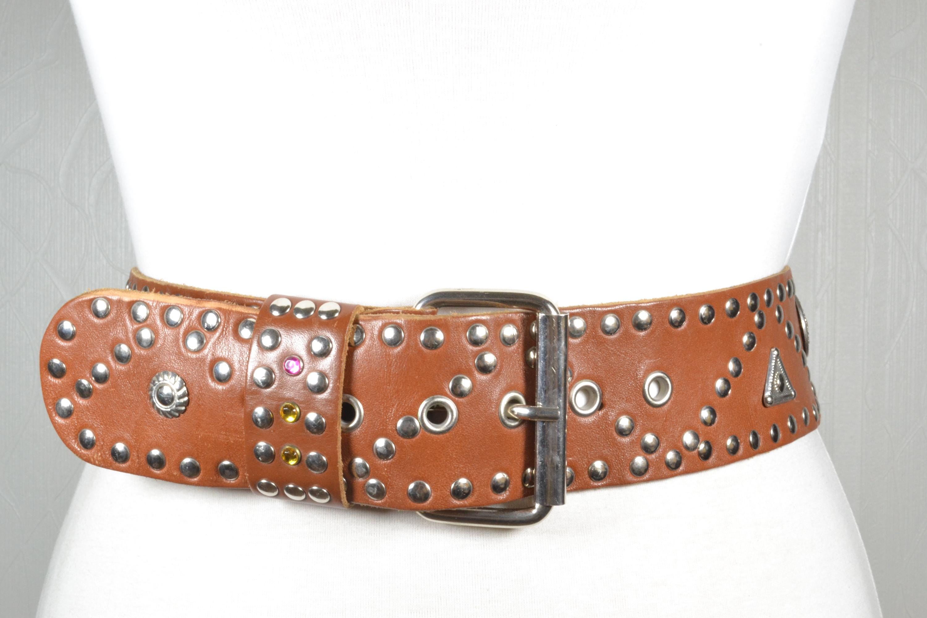 Vintage Brown Leather Studded Belt w/ Green Ornate Buckle | Boho Western Vintage American Bison Tooled Leather Western Belt, Size  main image 2