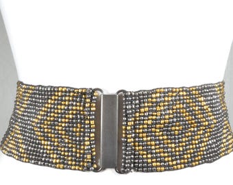 Vintage Beaded Corset Belt: Black & Brown Stretchy Boho Belt