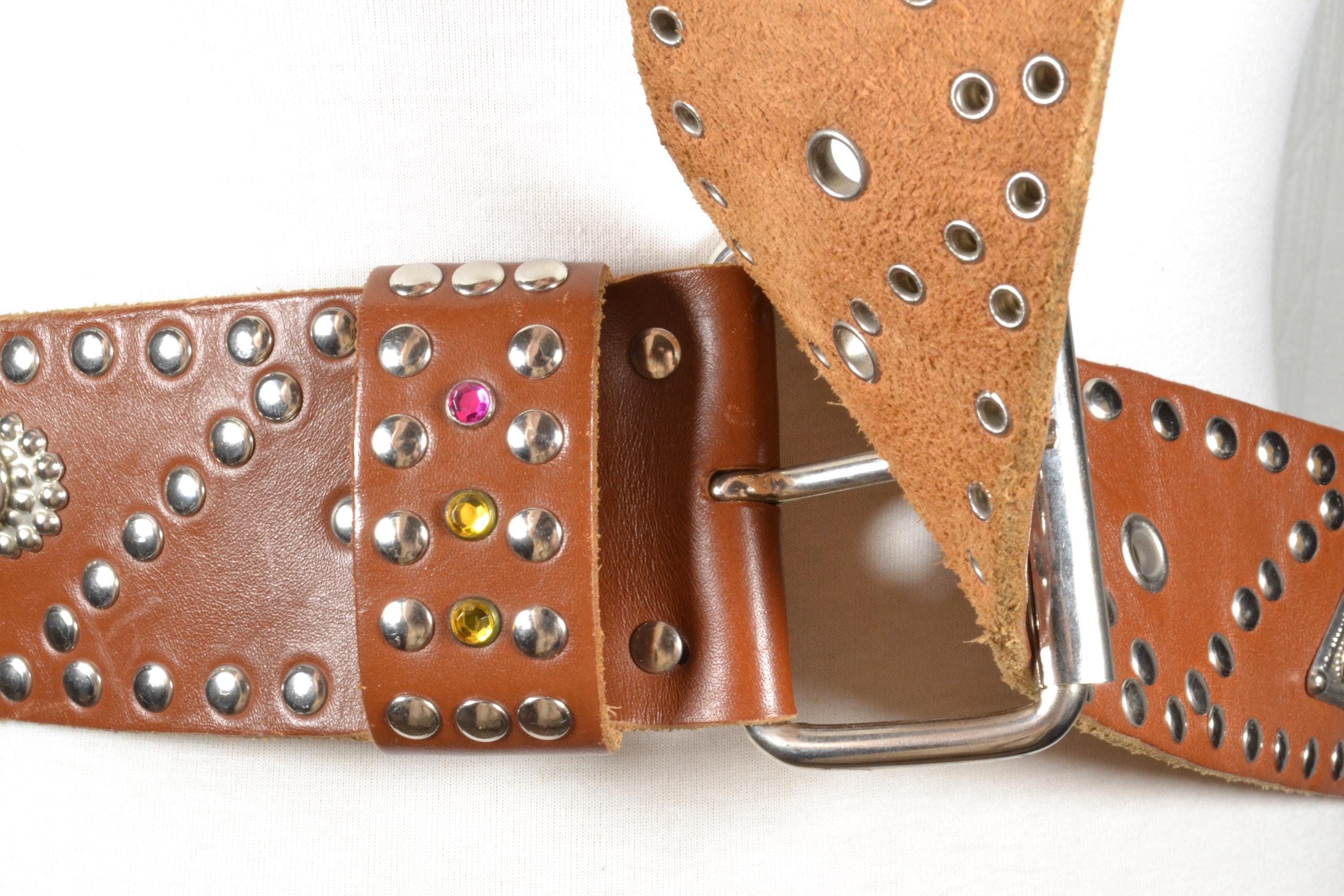 Vintage Brown Leather Studded Belt Boho Western Festival Size XL Vintage Studded Brown Leather Belt Western Boho Rocker Style  main image 4