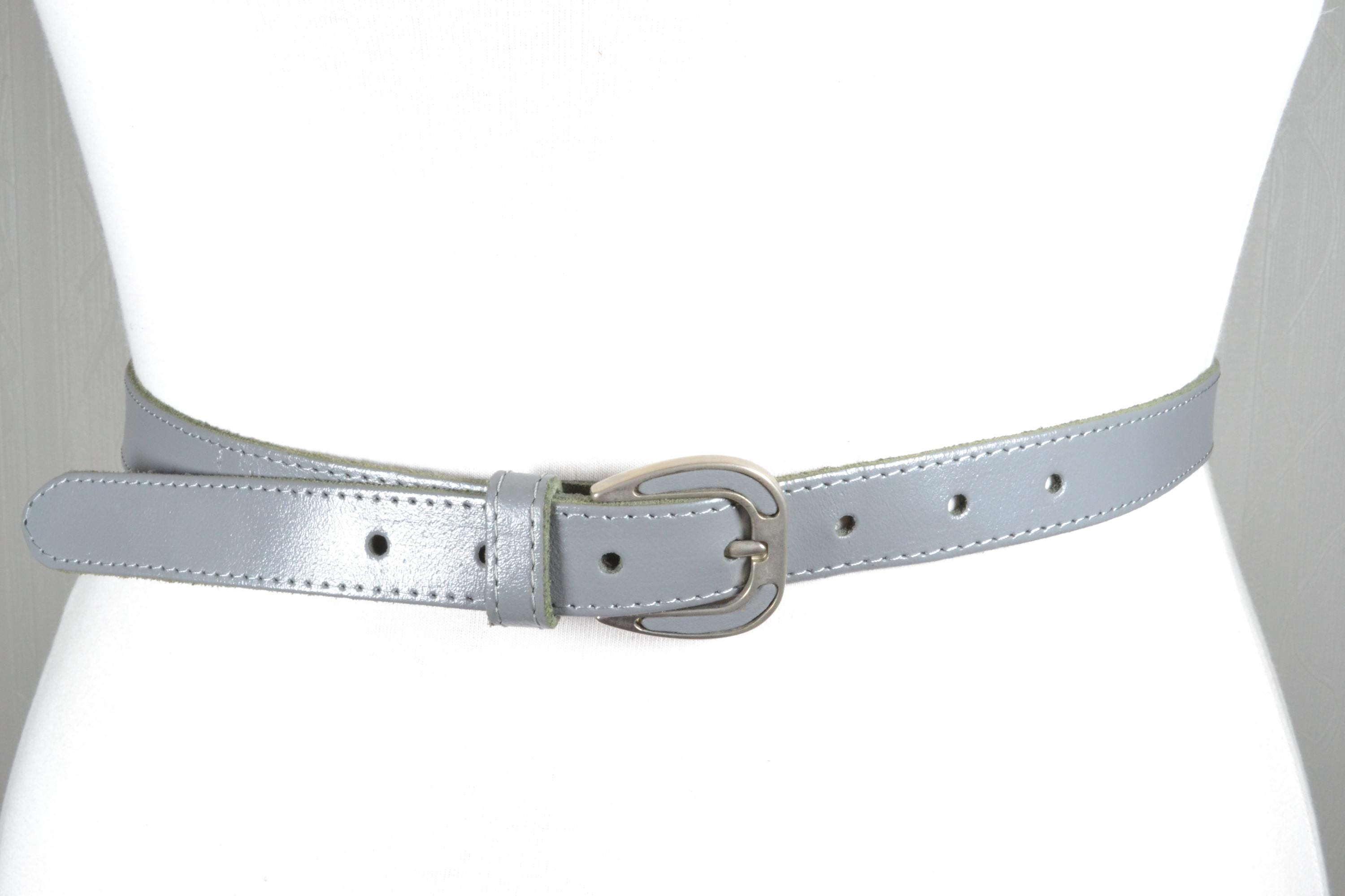 Vintage Skinny Gray Leather Belt, Light Grey Belt With  display picture 3