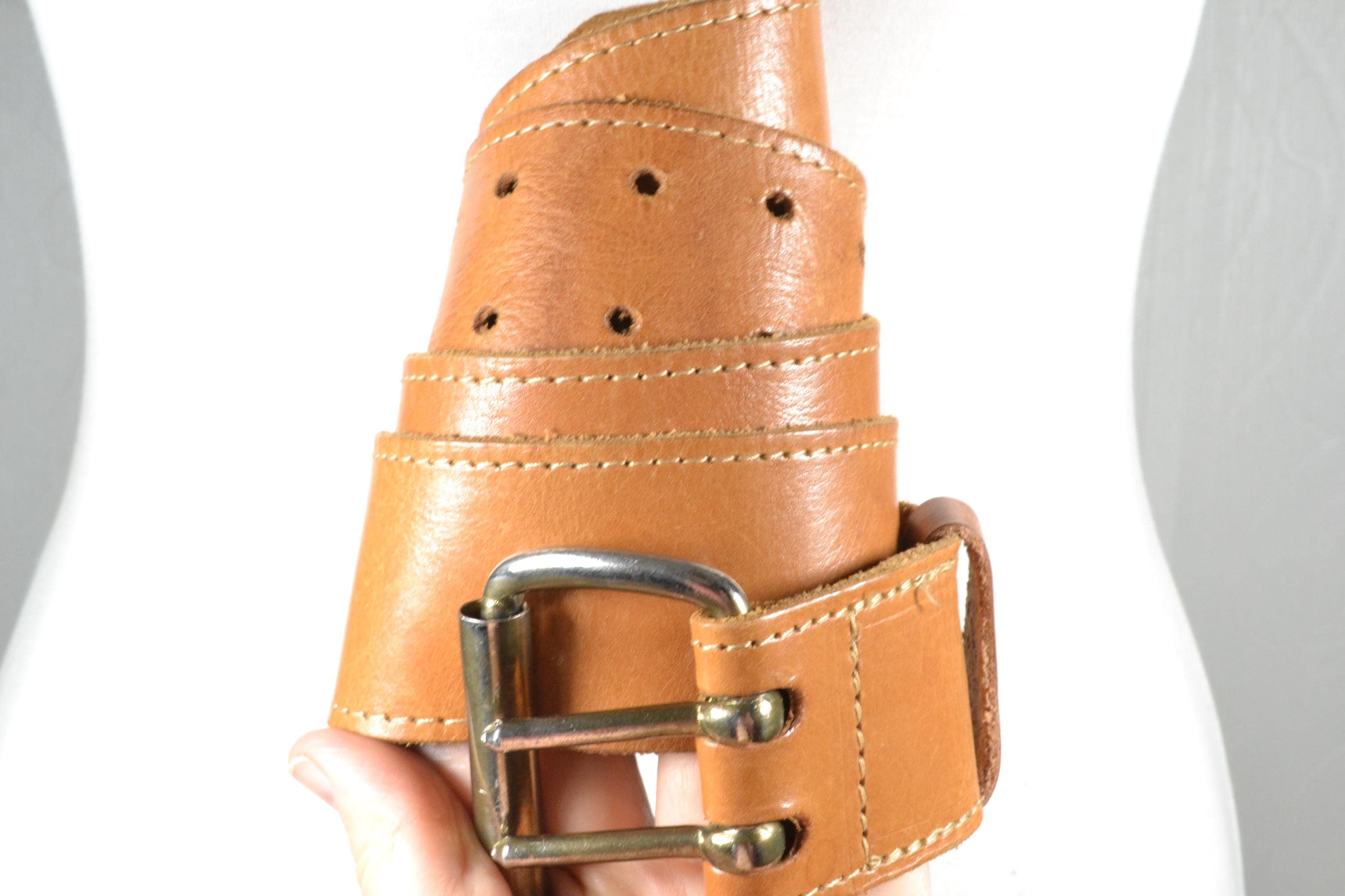 Rugged Western Tan Leather Wide Waist Belt With Industrial 
