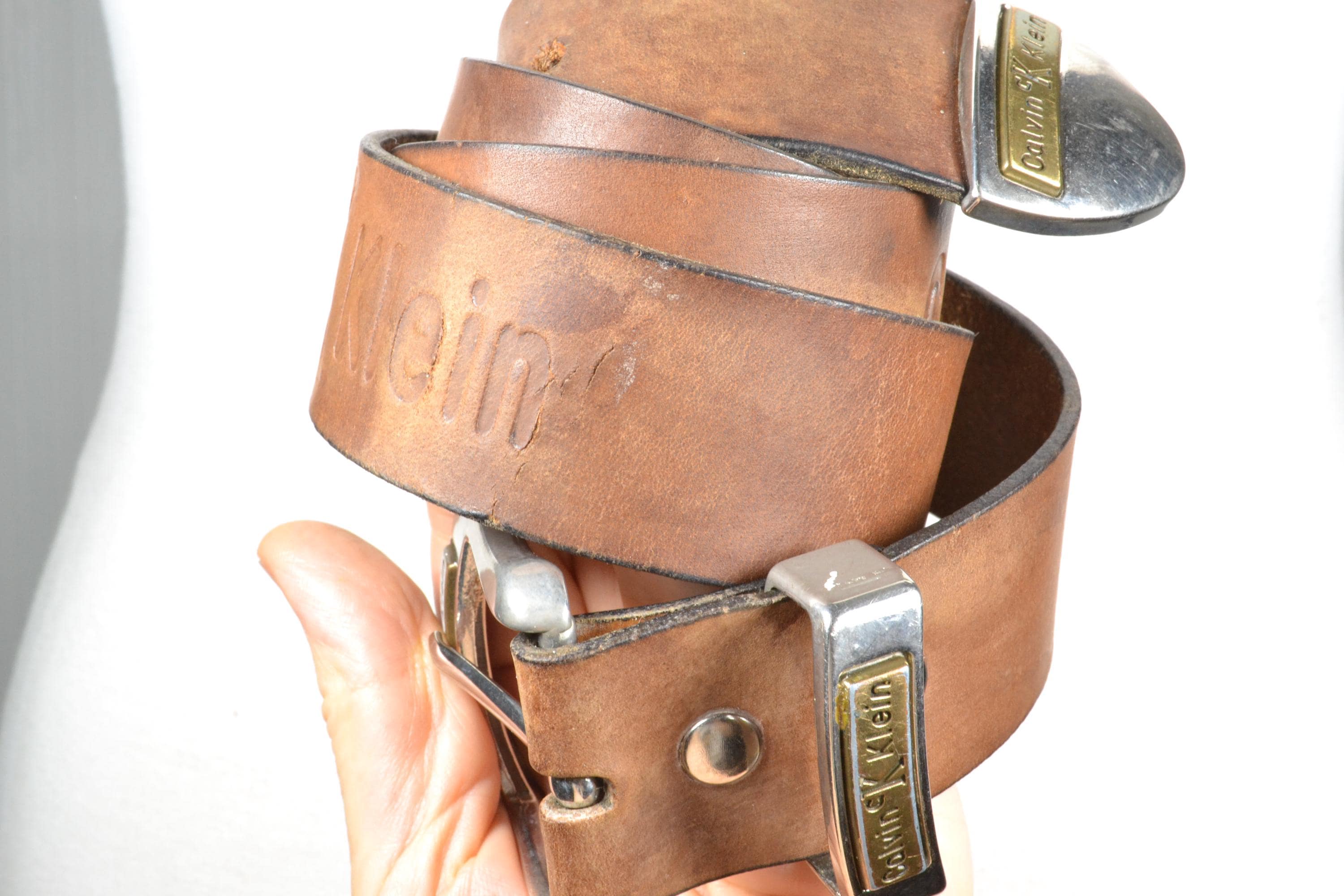 Vintage Calvin Klein Brown Leather Belt With Signature Metal  display picture 3
