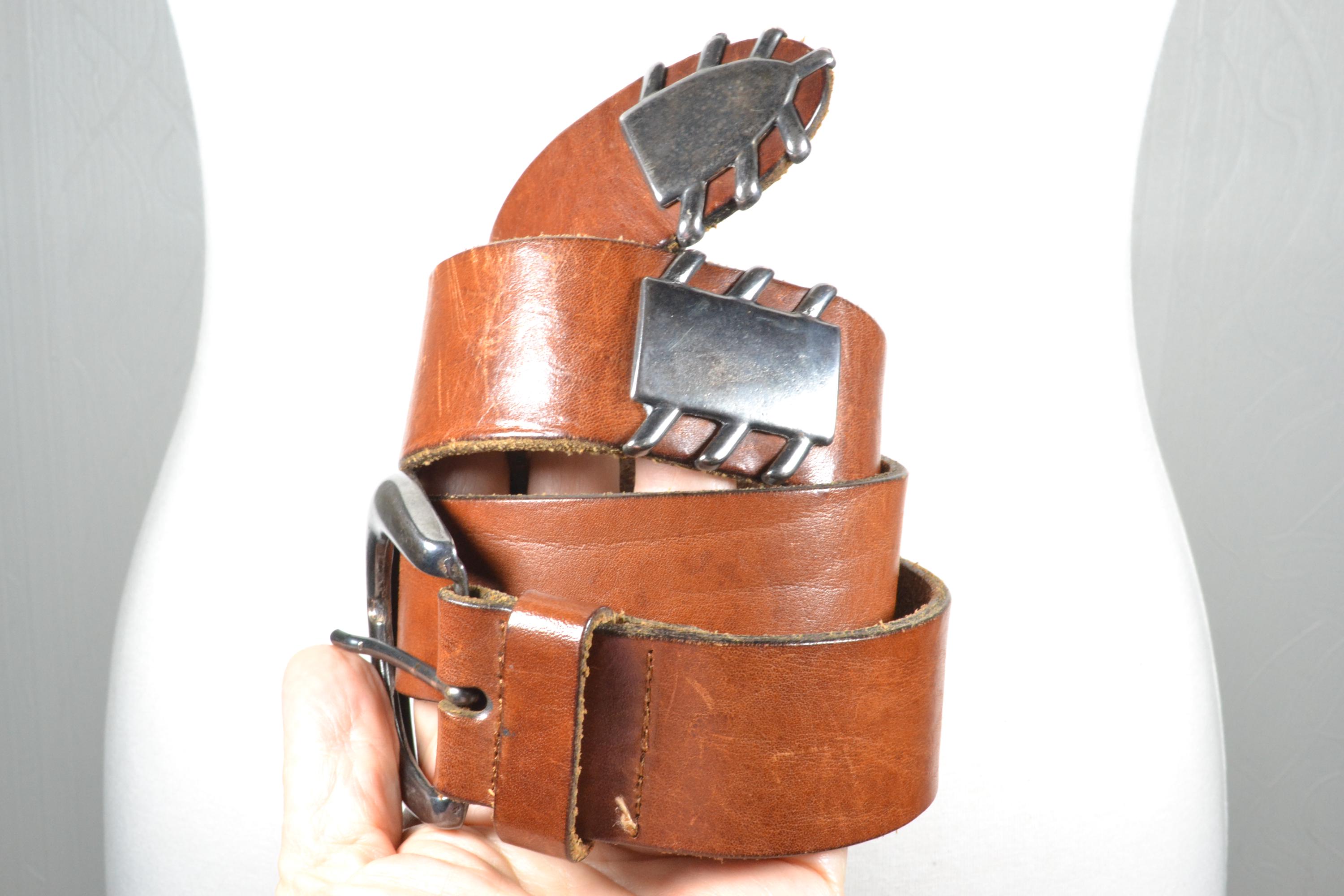 Vintage Dame Belt Southwestern Interlocking Metal Accent Belt Vintage Western Belt Tooled Leather Mexican Sterling Silver  main image 2