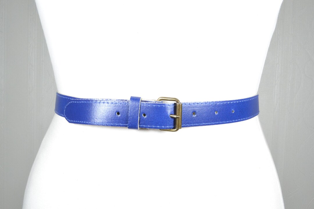 Vintage Navy Blue Leather Belt: Thin Gold Buckle Dress Belt