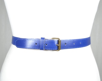 Vintage Navy Blue Leather Belt: Thin Gold Buckle Dress Belt