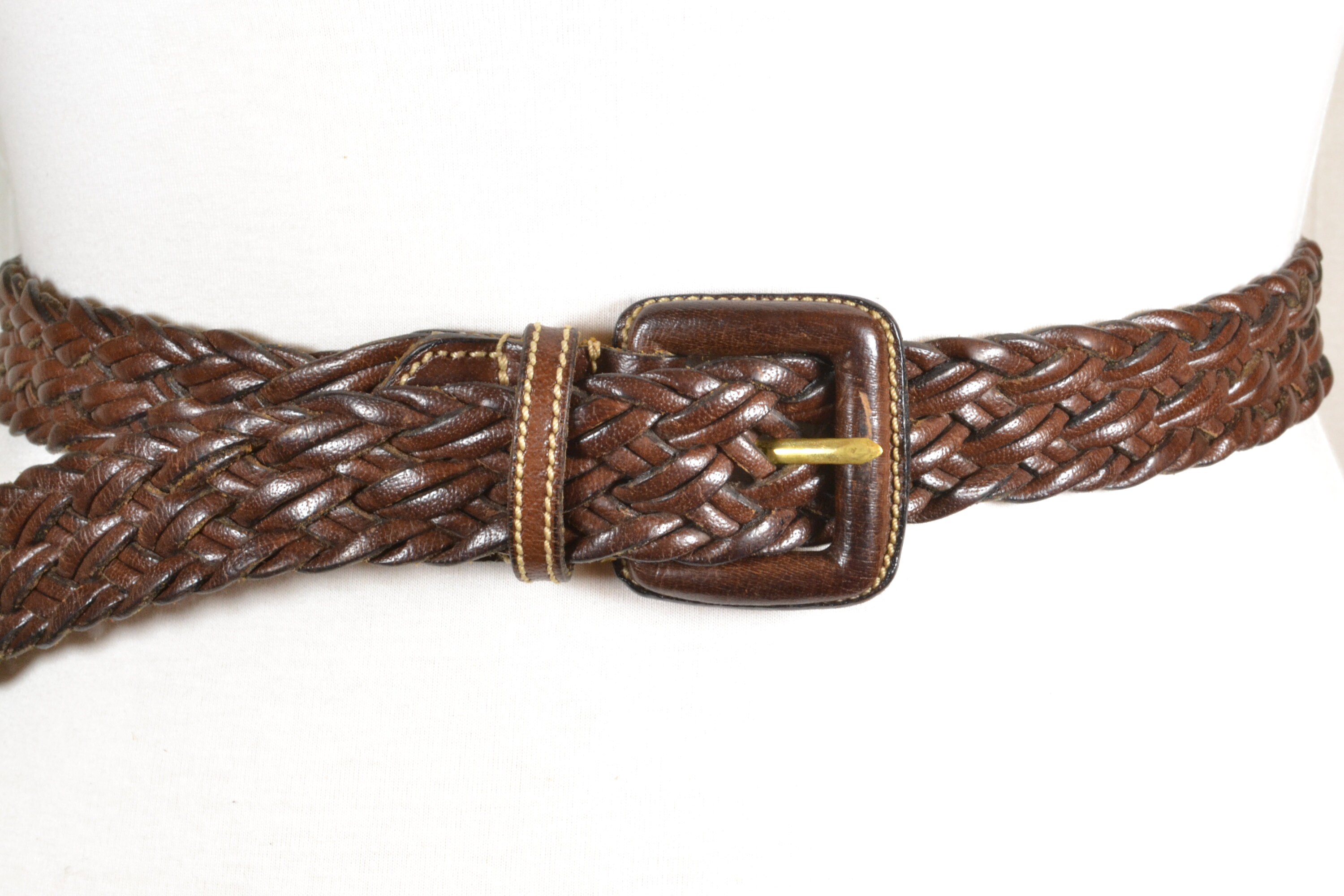 Punto Fibbia Brown Braided Leather Boho Belt Brass Ring Buckle M Italy 2000s Y2K Vintage 90s Brown Woven Leather Belt, Genuine Leather Belt  main image 3