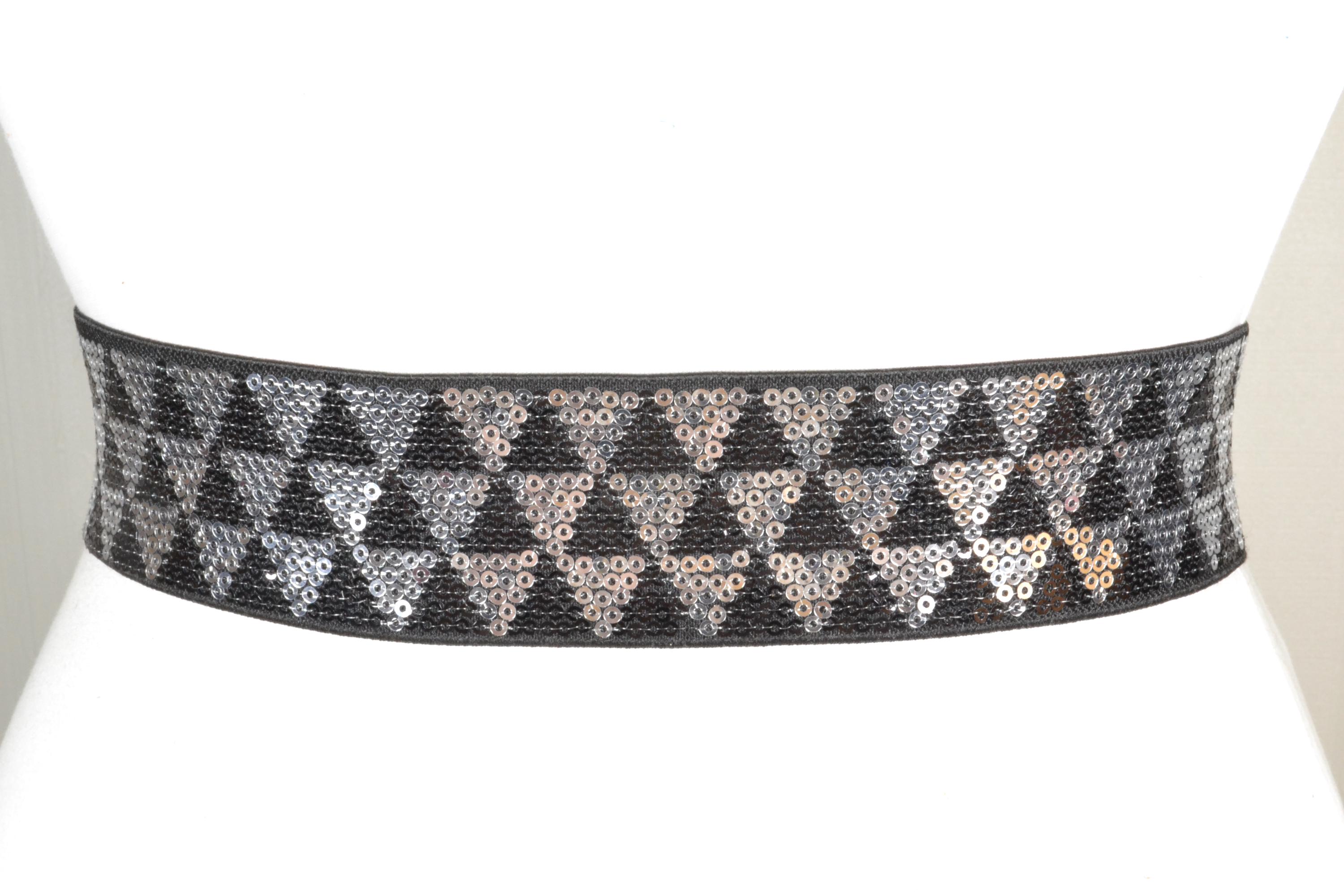 Vintage Black Sequin Elastic Belt With Silver Bow Clasp  display picture 3