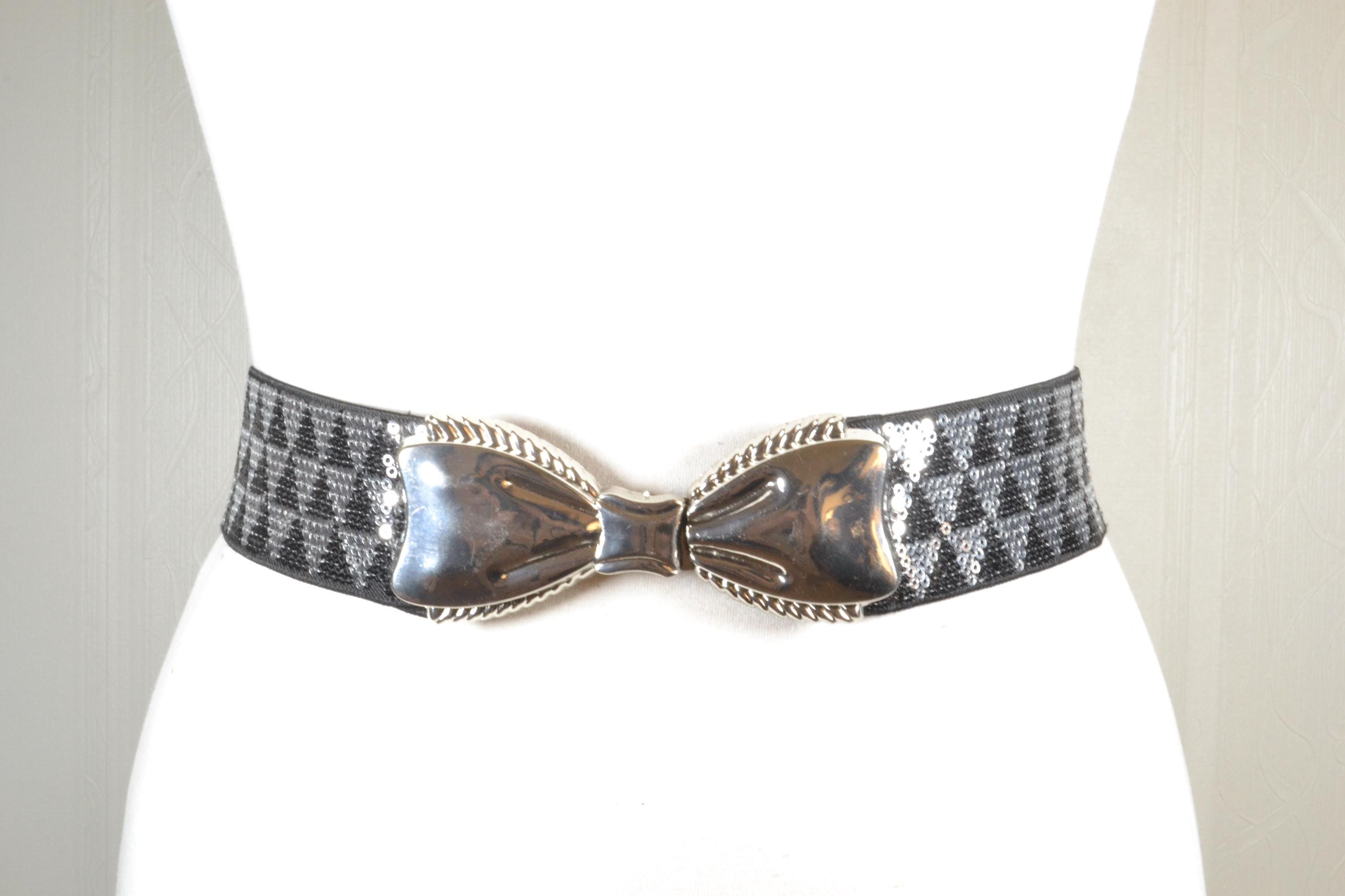 Vintage Black Sequin Elastic Belt With Silver Bow Clasp  display picture 2