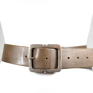 Wide Brown Leather Belt with Rectangular Buckle, minimalist wide waist belt, genuine leather unisex belt