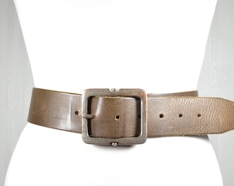 Wide Brown Leather Belt: Rectangular Buckle, Minimalist Waist Belt