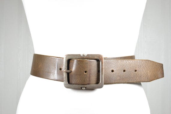 Wide Brown Leather Belt: Rectangular Buckle, Mini… - image 1
