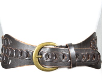 Wide Vintage Western Braided Brown Leather Belt for Women with  Brass Ring Buckle