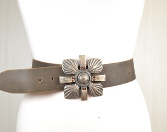 Wide Taupe Leather Belt with Statement Square Buckle, Medical Flower Buckle