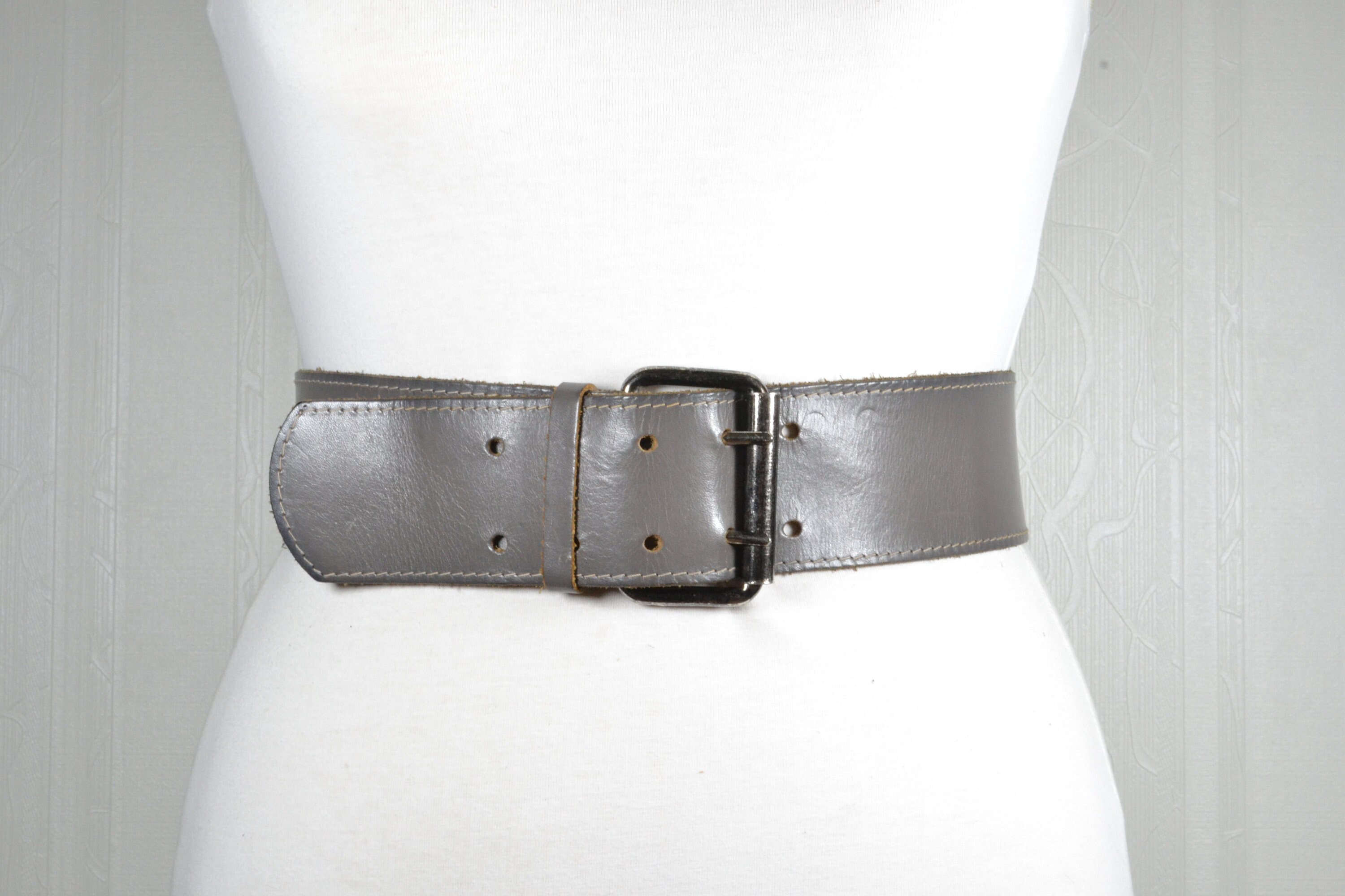 Wide Gray Leather Belt With Big Double Prong Buckle - Etsy