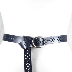 Skinny black leather belt, laser cut belt