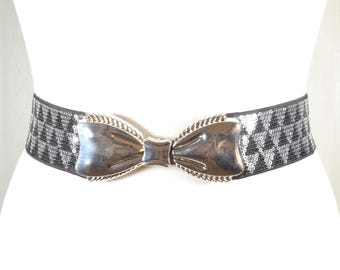 Cintura elastica vintage con paillettes nere e chiusura a fiocco argentato, cintura retrò glamour per donna, cintura da festa in discoteca anni '80, cintura elasticizzata larga e vistosa