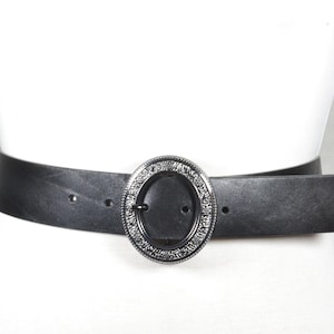 Black Leather Belt withTextured Circular Buckle, Wide Western Waist Belt, Boho Cowgirl Statement Belt, Vintage Black Belt for Women