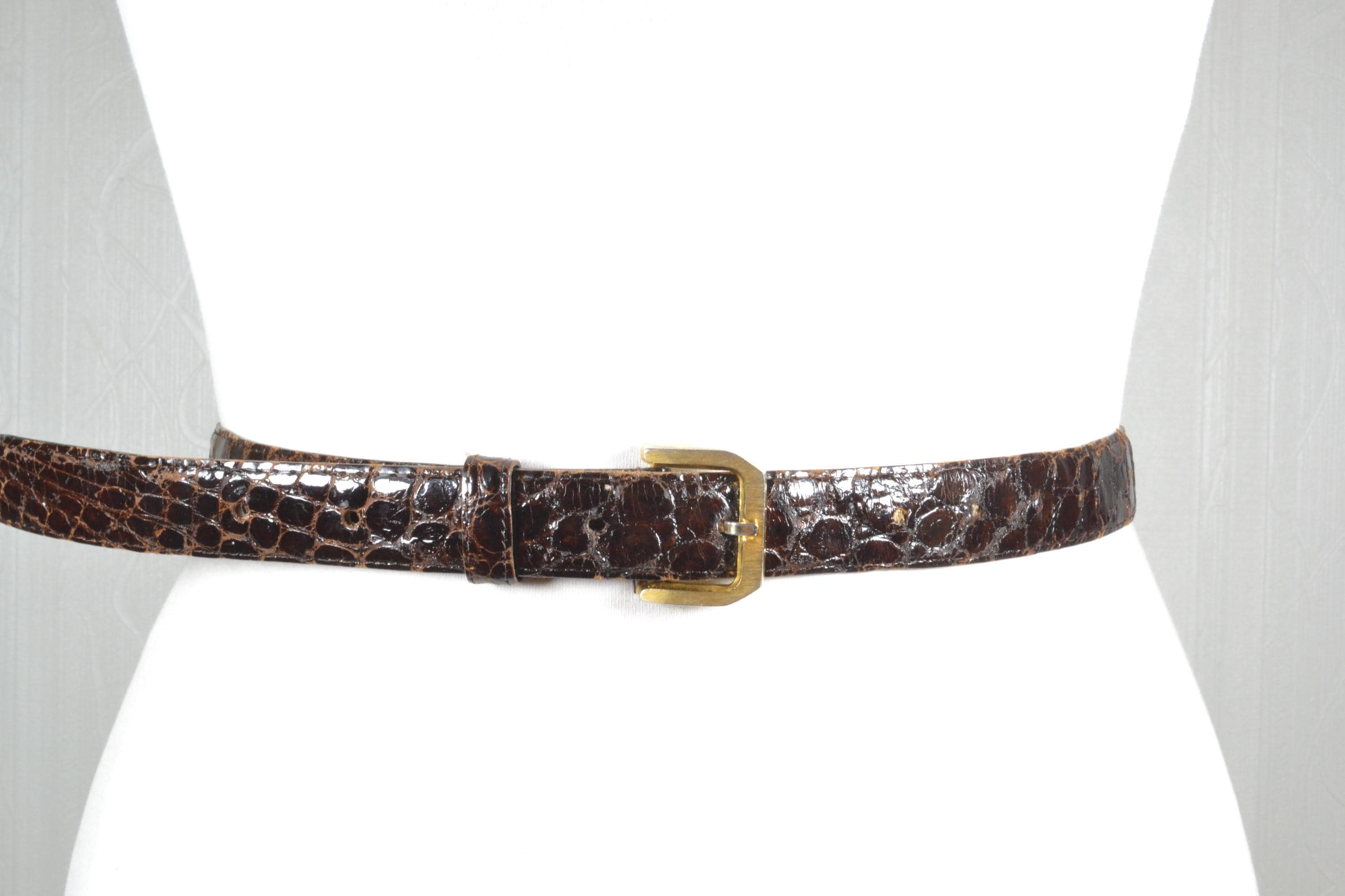 Vintage Croc-embossed Leather Belt: Skinny Dark Brown 80s  display picture 1
