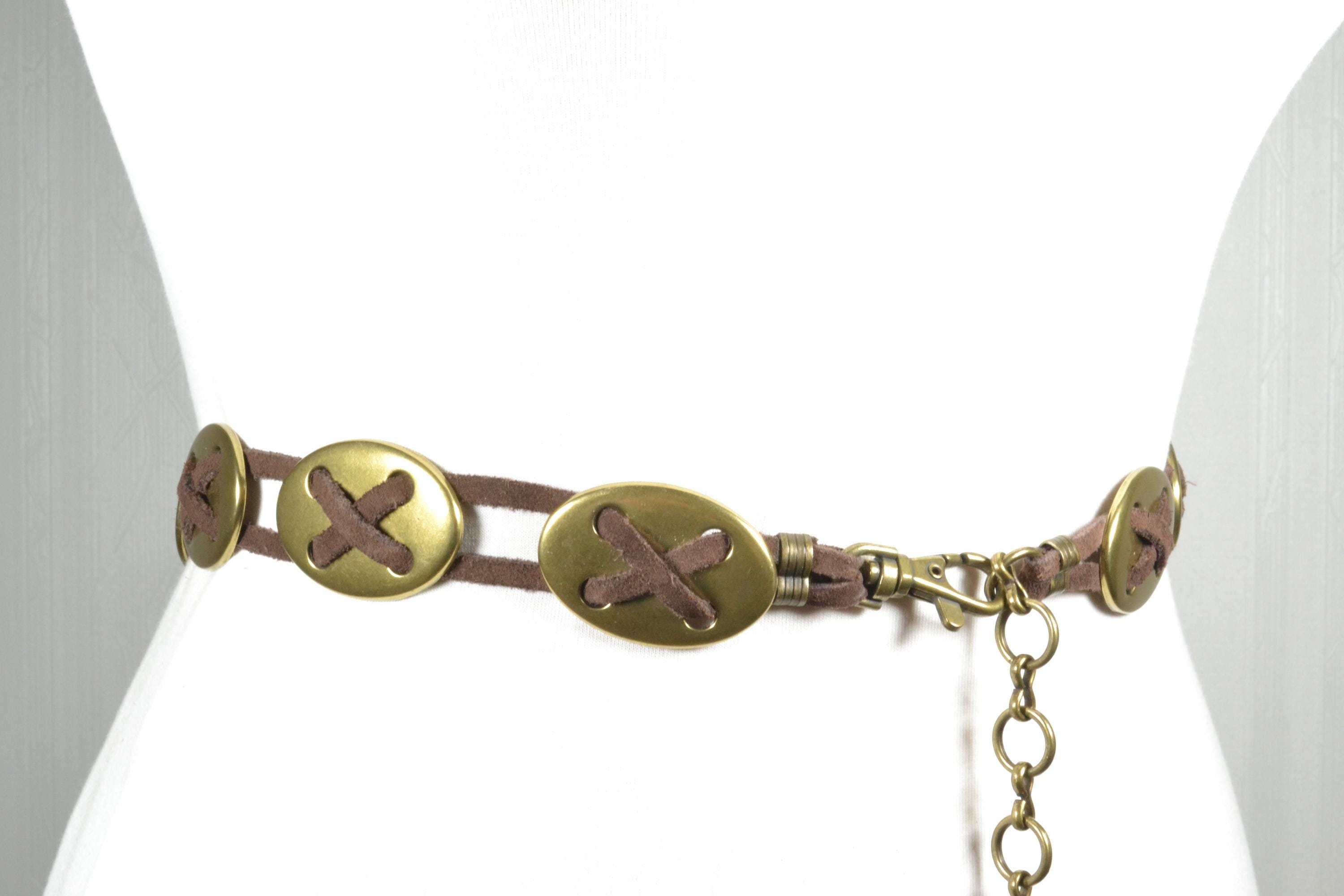 Boho Suede Cord Waist Belt: Brass Ovals, Adjustable Bohemian 