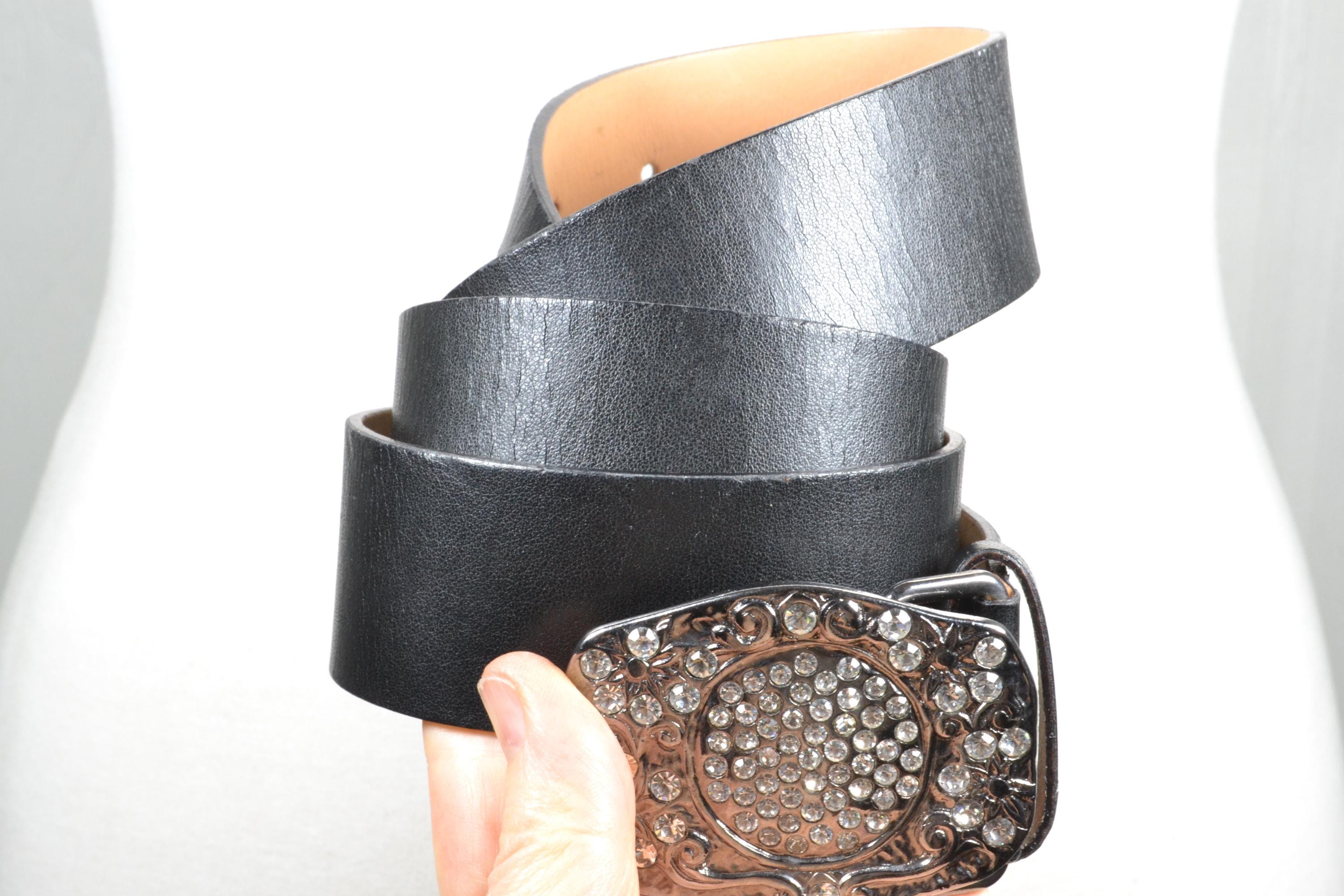 Vintage Black Leather Rhinestone Belt With Silver Buckle & Crystal Embellishment Belt, A Vintage, Buckle, Biker, Crystals & Spots, Vintage  main image 3