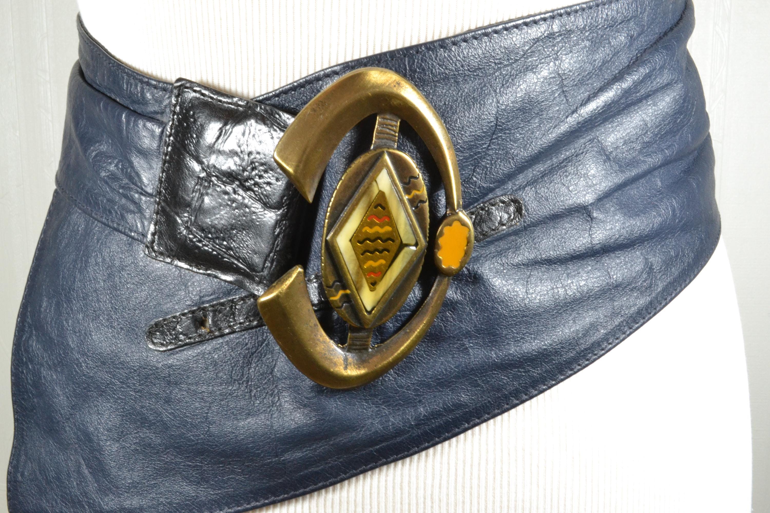 Vintage Navy Leather Corset Belt: Asymmetrical Gold Buckle  display picture 1