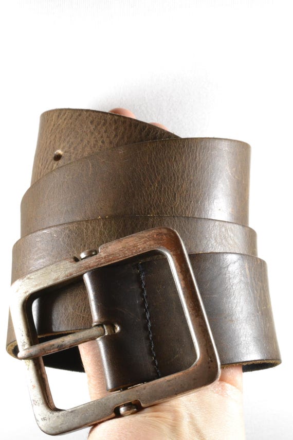 Wide Brown Leather Belt: Rectangular Buckle, Mini… - image 10