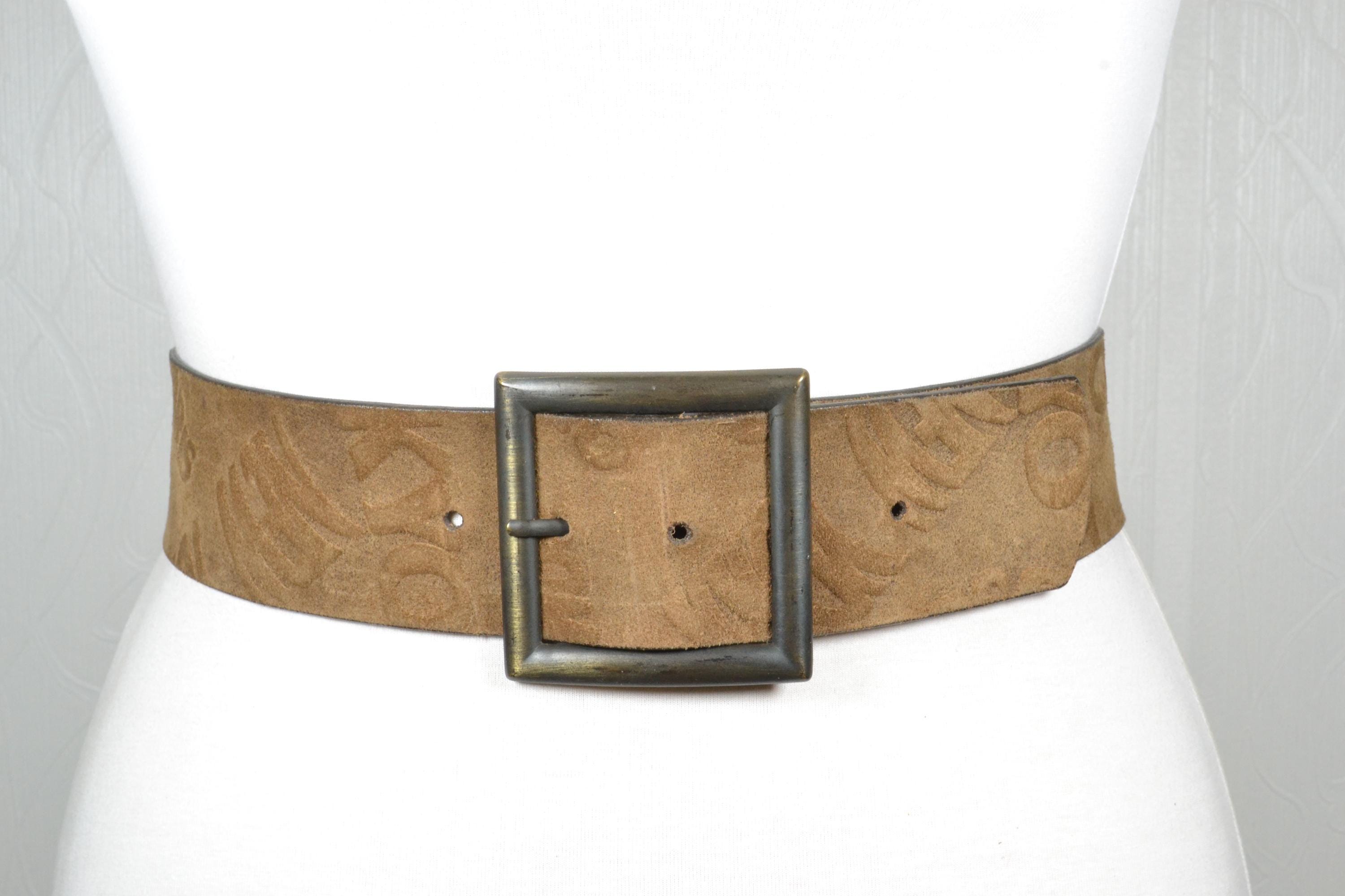 Vintage Wide Brown Leather Belt With Embossed Lettering and 